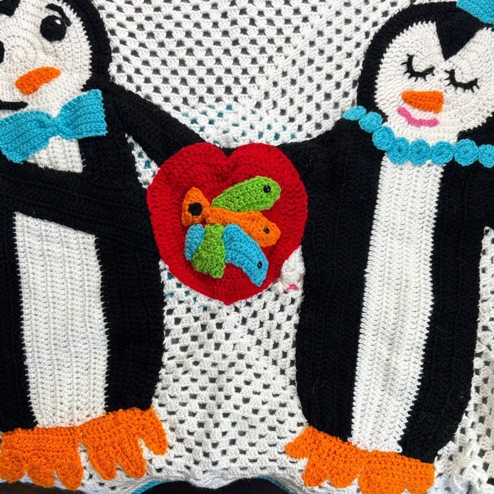 Handmade‎ Crochet Baby Blanket Penguin Bunny Reversible White Teal Granny Square
